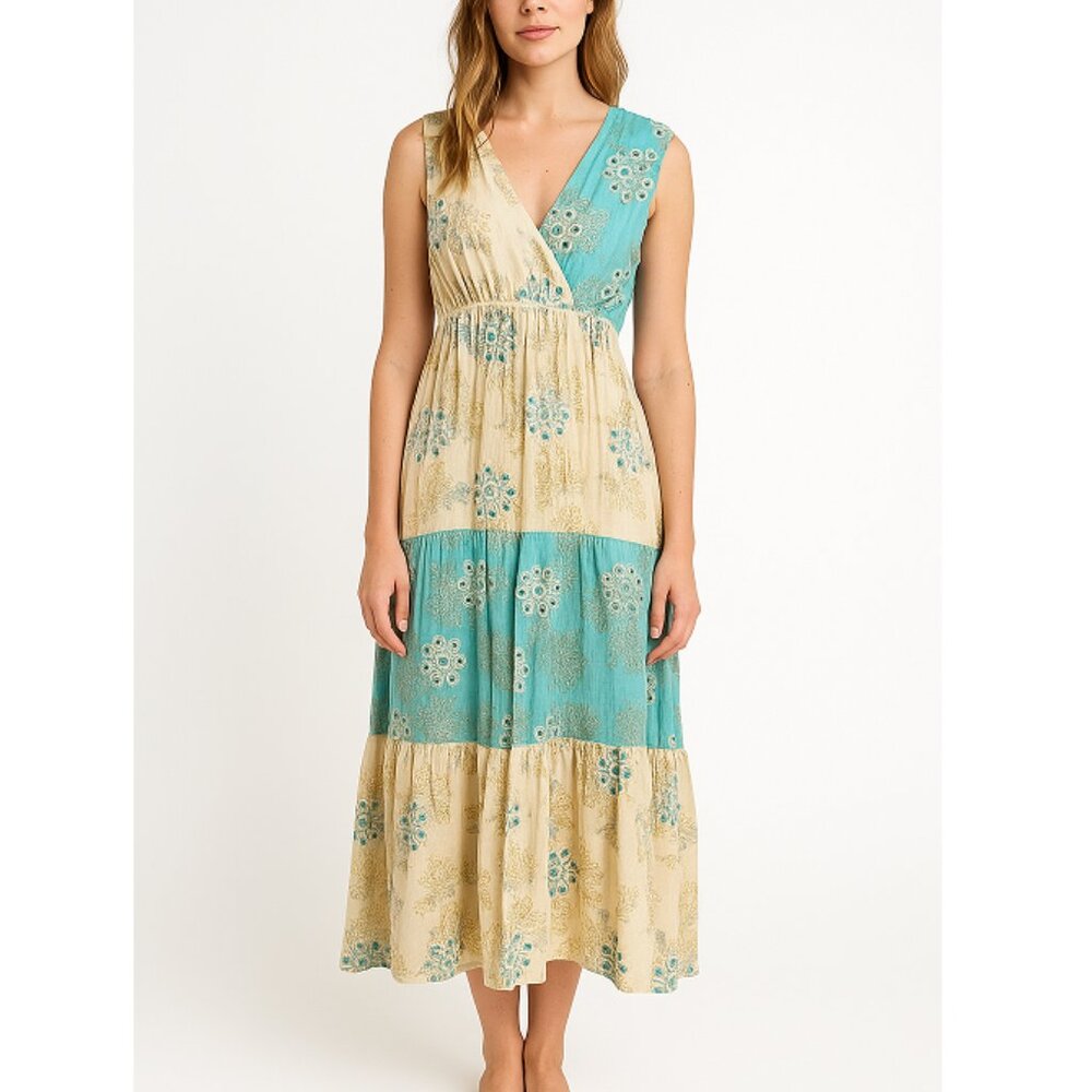 Ananta Women's Blue and Cream Floral Surplice Neck Maxi Dress Size 1X
